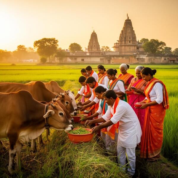 Volunteers feeding cows at gaushala in rural India