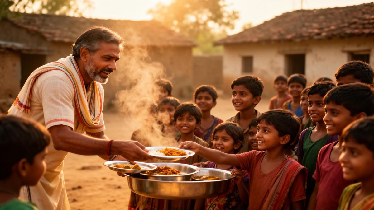 Volunteer serving warm meals to underprivileged children at sunset